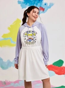 Nick 90s | SHEIN 大码休闲百搭卡通字母印花拼色插肩袖白色连帽连衣裙，女款，秋季 - 彩色 - 查看 5