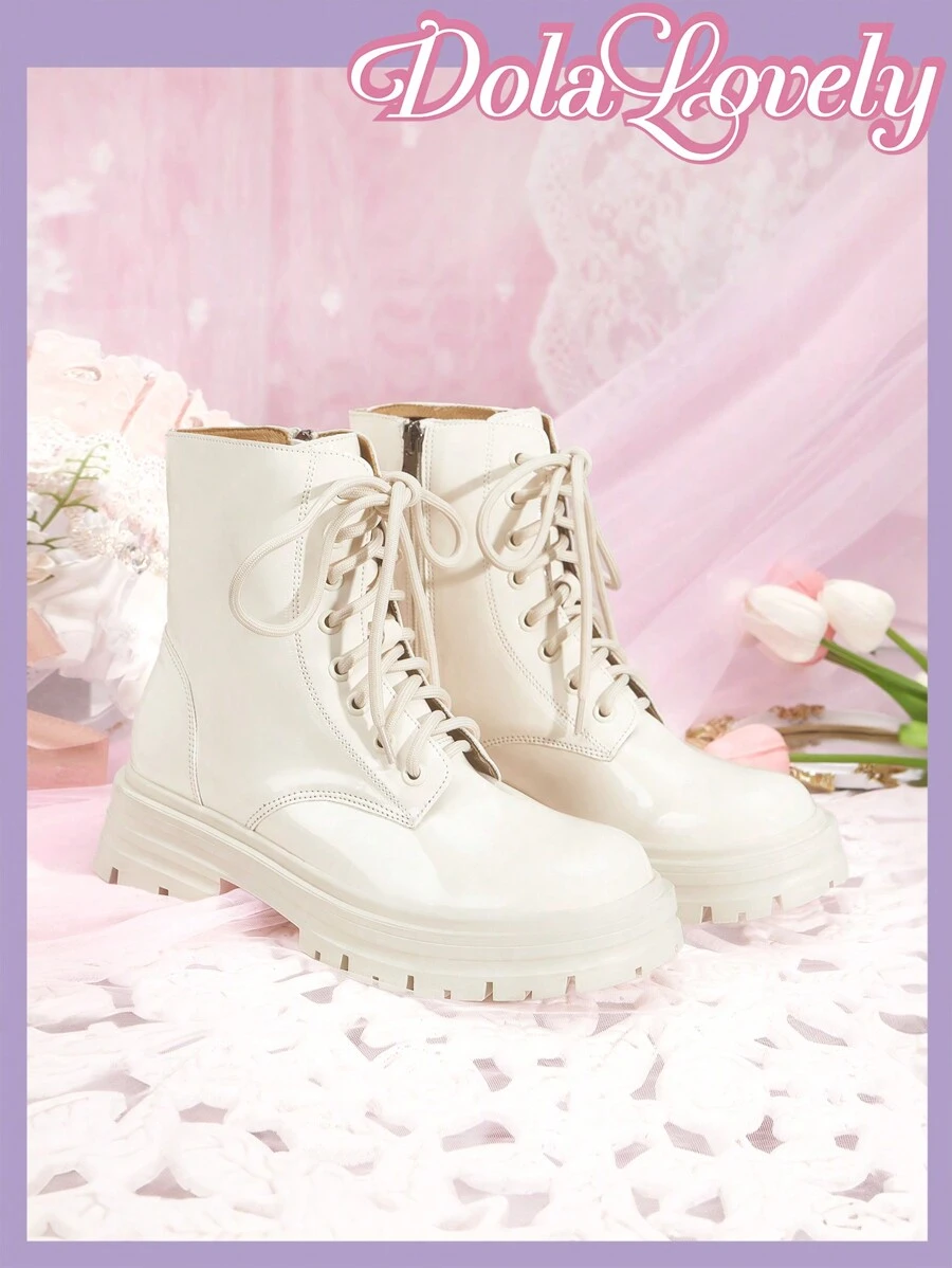 Dola Lovely Women's Solid Color Front Tie Simple Ankle Boots, Casual Daily