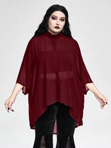ROMWE Goth 大码时尚蝙蝠袖雪纺衬衫，秋季 - 酒紅色 - 查看 6