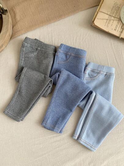 SHEIN LMoss Kids LMoss 3st Baby Girl Mysig enfärgad stickad byxbyxa med elastisk midja, höst & vinter