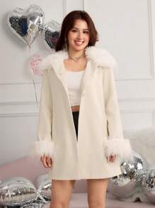 优雅奢华少女蓬松针织 A 字长袖中长外套，秋冬，圣诞节 - 米色 - 查看 4