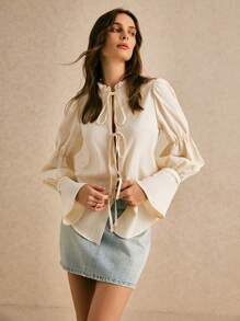 Poéselle Women's Cream White Frill Trim Front Tie Long Sleeve Casual Blouse,Elegant Autumn Dates Cottagecore Boho Bell Sleeve Top,Fall Winter Clothes FW24 - Apricot - View 7