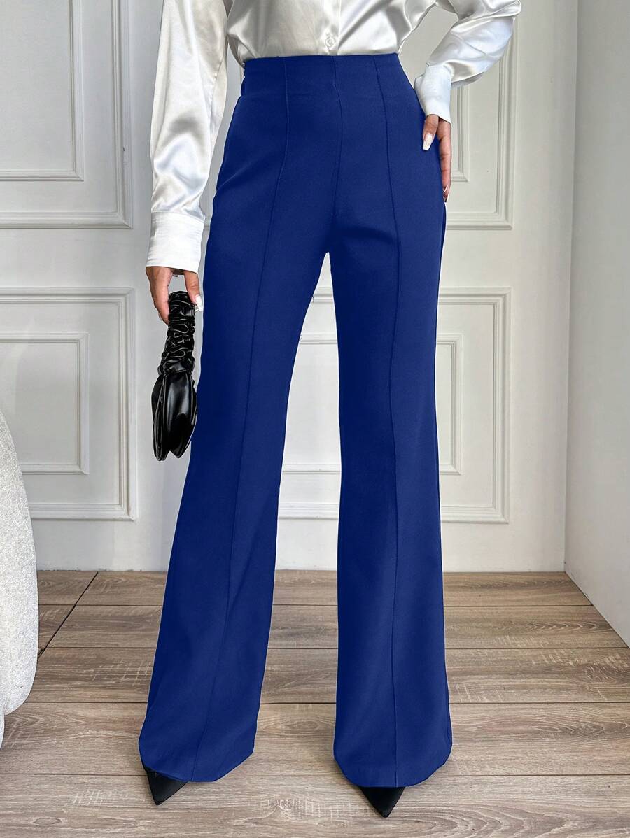 EURMUSE Women's Solid High-Waisted Toothpick Striped Design Straight Leg Elegant Pants, Spring/Fall - Royal Blue - View 1