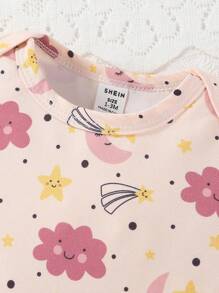 SHEIN 2pcs Baby Girls' Minimalist Cute Star, Moon, Flower Print Long Sleeve Footie Pajamas Set