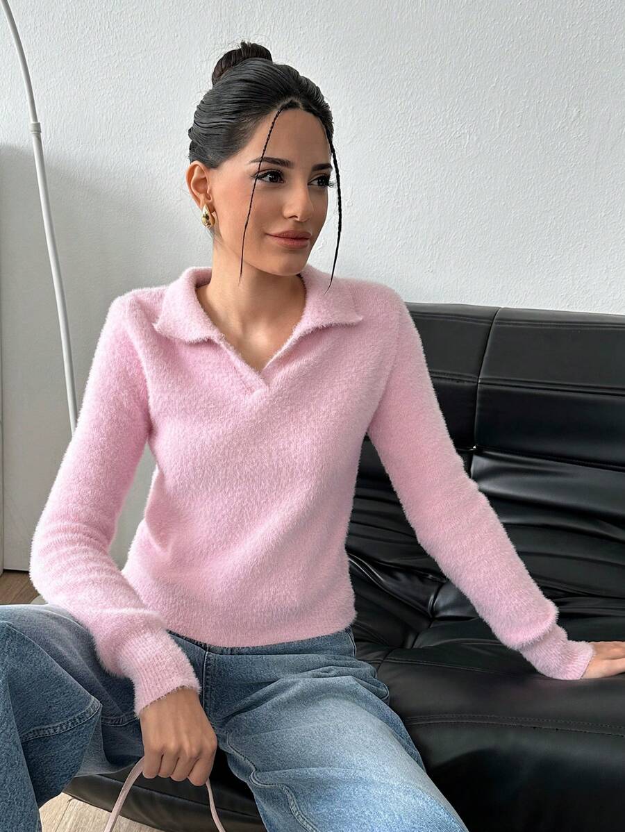 RueChic Kvinna Shabby Garn Polo Neck Normal Fit Söt stil tröja - Dammrosa - Visa 1