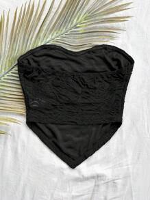 Soleia Top corto minimalista de unicolor con escote de bandeau para mujer - Negro - Ver 2