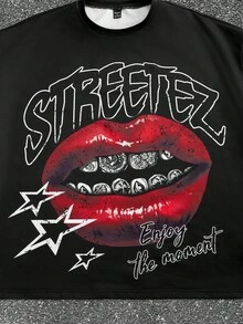 Manfinity RebelGame 男士宽松口气印花圆领短袖T恤套装，适合夏季 - 黑色 - 查看 7