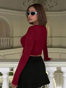 SHEIN ICON Cropped Long Sleeve Tee With Asymmetrical Cutout Neckline - Burgundy - View 6