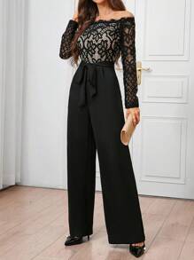 SHEIN Clasi Women's Off-Shoulder Floral Lace Tie-Waist Jumpsuit For Spring And Autumn