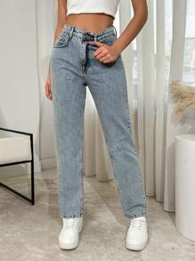 RueChic HIGH RISE MOM CUT LIGHT BLUE JEANS - Grey - View 4