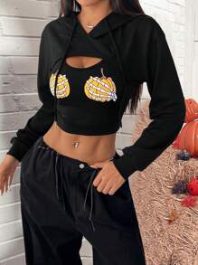 Chiquease 2 piezas Sudadera corta con capucha de manga larga con calavera y calabaza, sudadera informal de otoño - Negro - Ver 1