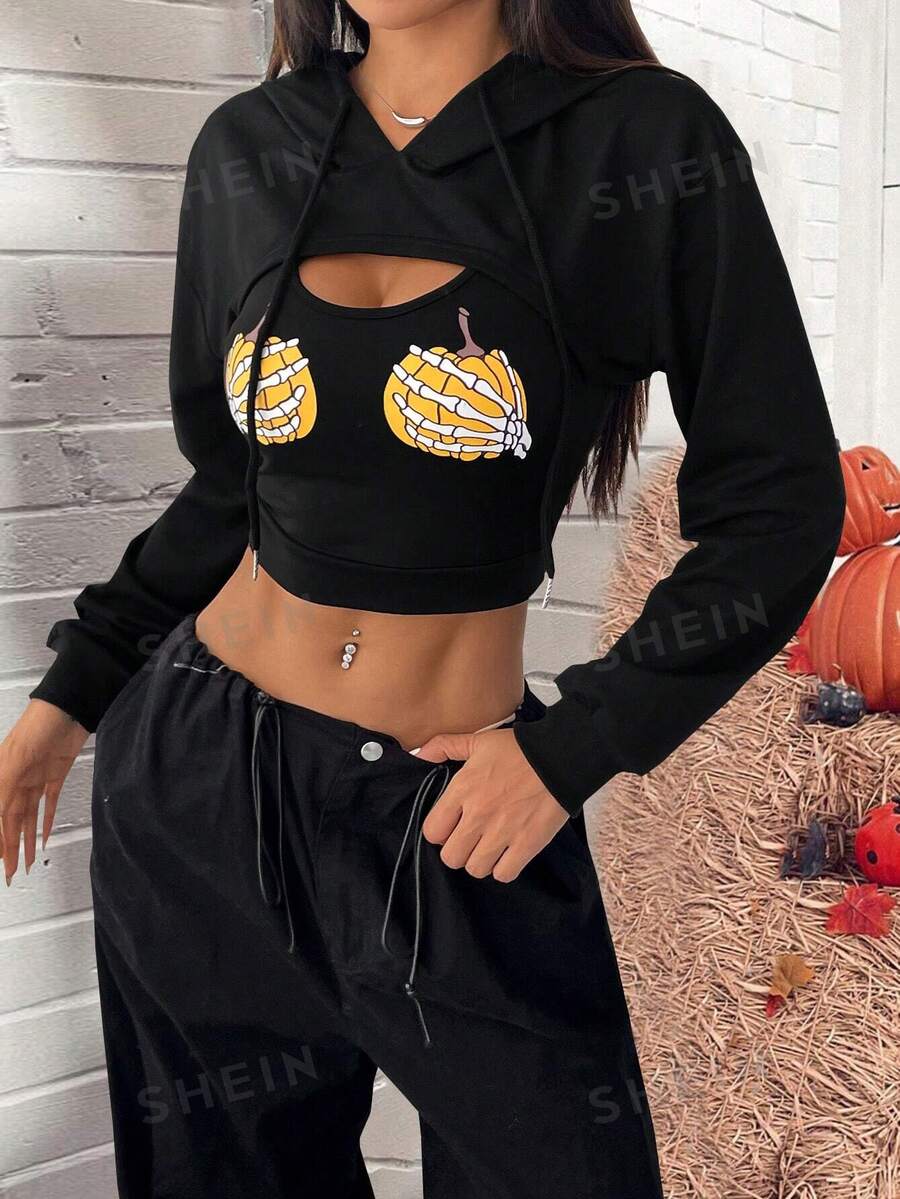 Chiquease 2 piezas Sudadera corta con capucha de manga larga con calavera y calabaza, sudadera informal de otoño - Negro - Ver 1