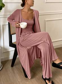 DAZY 3pcs Minimalist Camisole Top & Robe & Pants Home Lounge Wear Set, Cozy Outfits, Fall Winter Clothes Pajama - Pink - View 3