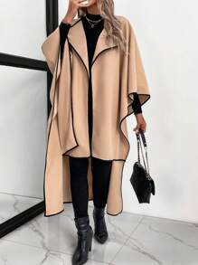 SHEIN LUNE 女士蓬松领蝙蝠袖宽松高低针织开衫 - 杏色 - 查看 3