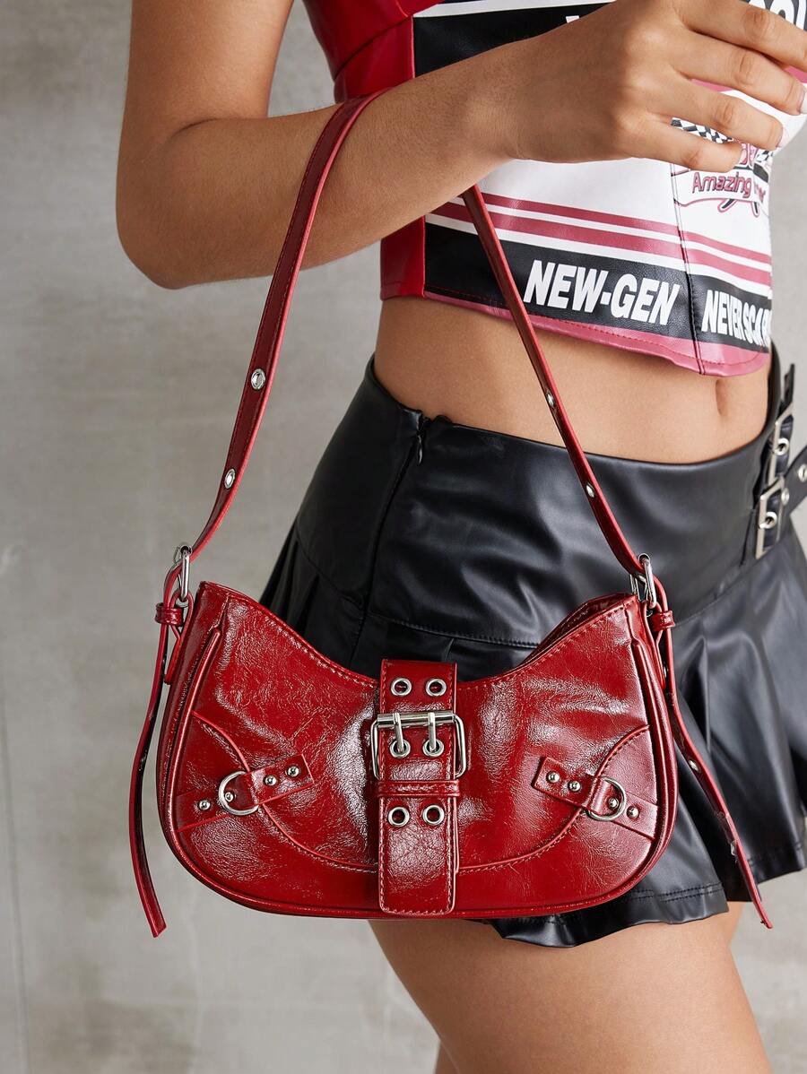 SHEIN X Lucía Bellido SHEIN ICON 1 件朋克风格铆钉可调节肩带 Y2K 单肩包，适合女士、青少年、万圣节情人节，万圣节包非常适合搭配万圣节服装参加派对 - 紅色 - 查看 1