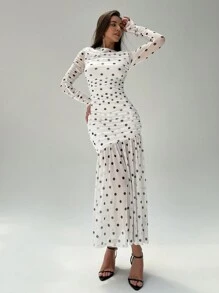 Aloruh 女式春夏荷叶边长袖黑白圆点紧身连衣裙