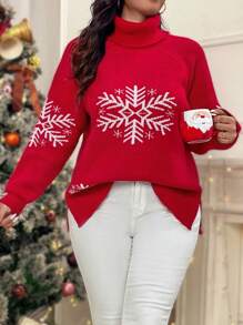 SHEIN LUNE 大码女式红色高领白色雪花提花侧开衩圣诞节假期休闲保暖舒适套头衫秋冬季 - 紅白色 - 查看 5