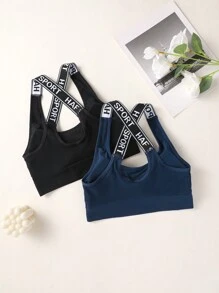 2 件/套女士交叉肩带运动文胸，带可拆卸垫 - Racerback 无钢圈字母印花短款上衣 - 彩色 - 查看 6