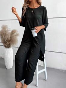 EMERY ROSE 2pcs Halloween Outfit - Black 3/4 Sleeve Shirt And Elastic Waist Pants Set - Black - View 3