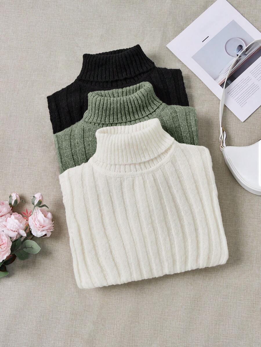 SHEIN LUNE 3pcs/Set Turtleneck Ribbed Fashionable All-Match Pullover Sweaters For Women, Autumn/Winter - Green - View 1