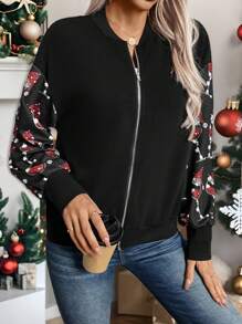 SHEIN LUNE Women Jacket With Printed Sleeves - Black - View 5