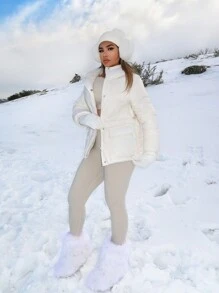 SHEIN SXY Women's Solid Color Long Sleeve Zipper Hooded Casual Down& Feathers Jacket For Winter