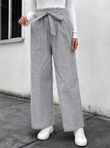 SHEIN LUNE Women's Casual High Waist Black & White Striped Pocket Wide Leg Pants