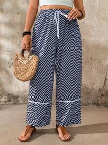 EMERY ROSE Plus Size Women's Vacation Waist-Tied Herringbone Print Pocket Wide Leg Loose Casual Pants Fall Cloth For Women - Blue - View 8