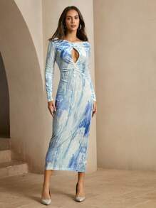 Anewsta Vestido corto ajustado de vacaciones con estampado de teñido anudado y hombros descubiertos sexy