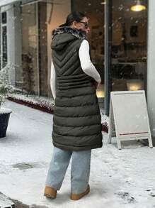 EURMUSE Fur And Zipper Added Padded Long Vest - Army Green - View 2