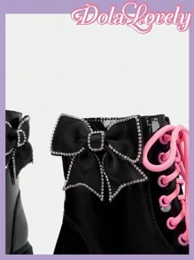 Dola Lovely Botins de tornozelo com plataforma, decoração de laço em cor contrastante, estilo moderno e doce, para mulheres, para o Natal, Ano Novo, vibração de férias, outono, inverno e Dia dos Namorados - Preto - Ver 5