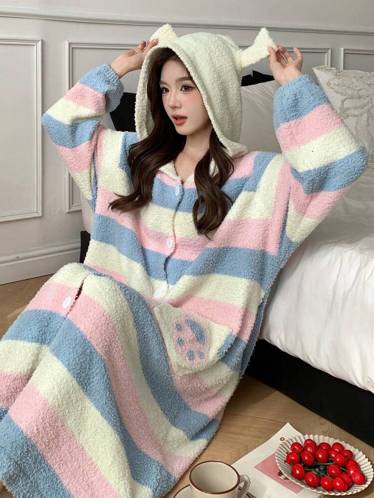 Cute Stripe Half Plush Hooded Bathrobe Pajama Fall,Winter