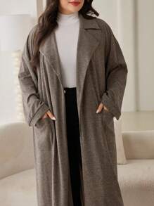 Mulvari 大码女式纯色翻领长袖休闲宽松长款夹克，秋冬 - 彩色 - 查看 8