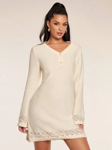 Glamine Women's Solid Color V-Neck Lace Patchwork Long Sleeve Sweater Dress - Beige - View 1