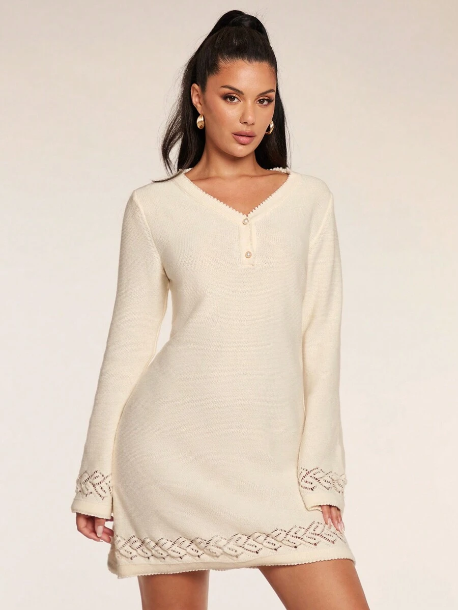 Glamine Women's Solid Color V-Neck Lace Patchwork Long Sleeve Sweater Dress - Beige - View 1