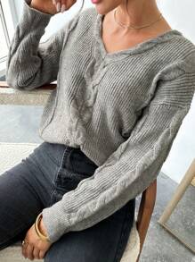 SHEIN Privé Women's V-Neck Cable Knit Long Sleeve Sweater, Casual Daily Wear - Grey - View 6