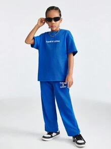 SHEIN Tween Girl Loose Fit Sports Round Neck Short Sleeve T-Shirt And Jogger Pants Set With Letter Print