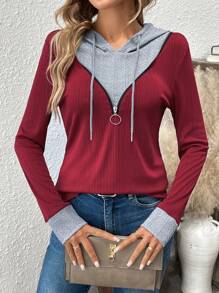 SHEIN LUNE Texture Splice Hooded Zip-Up Casual T-shirt voor dames