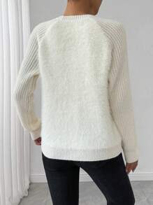 Chiquease 女士休闲圆领插肩袖纯色套头毛衣，秋冬季针织套头衫 - 杏色 - 查看 2