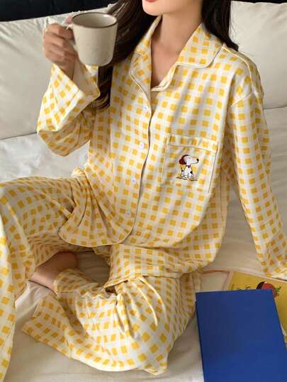DAZY 格子宽松可爱小狗图案睡衣套装，秋季衣服