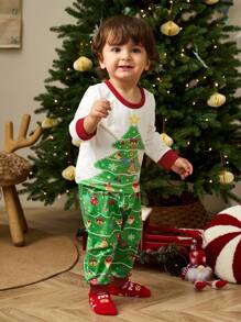 SHEIN 2 pezzi/set Completi natalizi per bambini maschi - Maglietta a manica lunga con collo tondo casual e pantaloni della tuta con stampa albero di Natale, morbidi e comodi per autunno/inverno