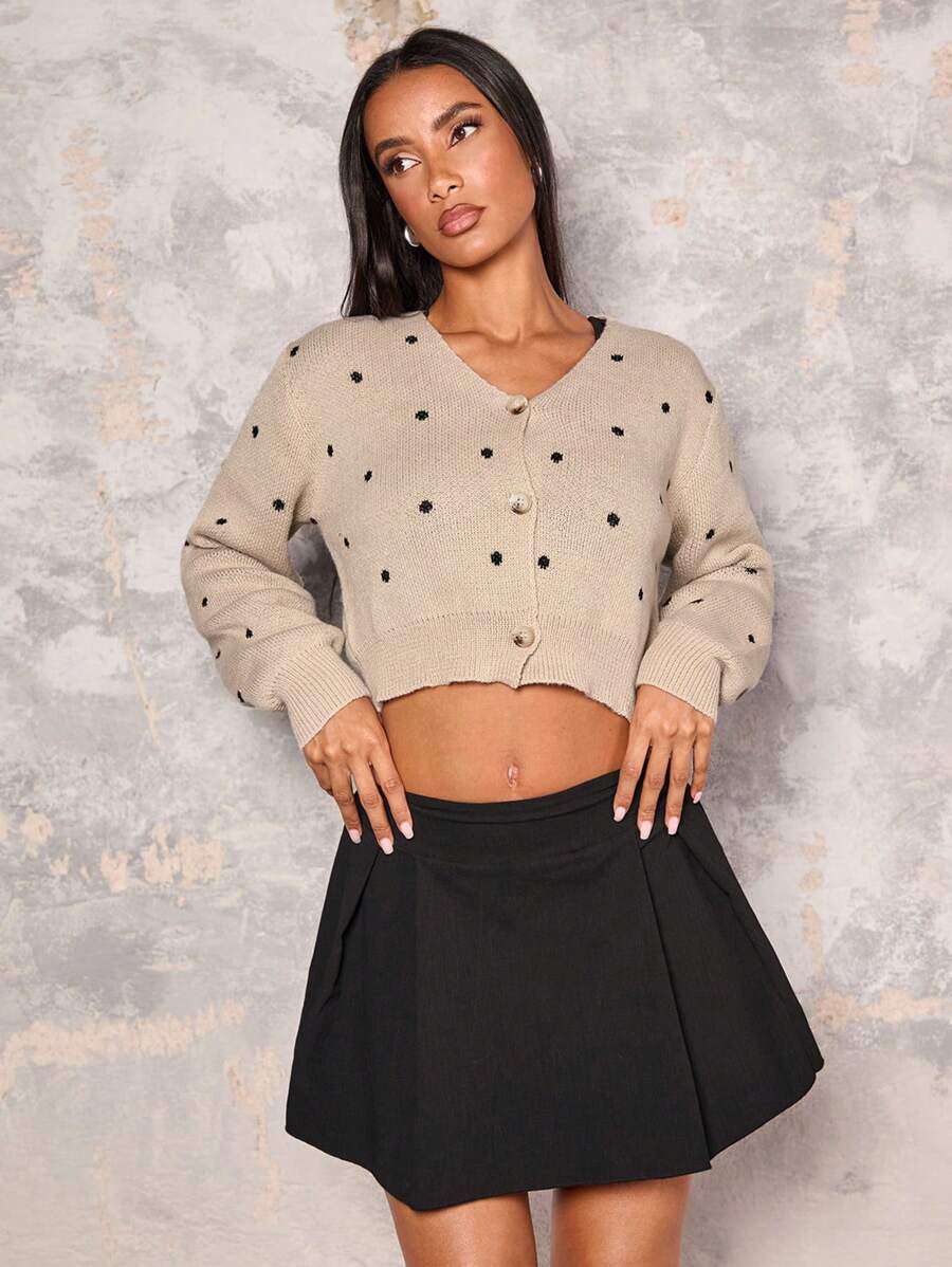 Glamine 女士 V 领前扣长袖圆点印花短开衫 - 卡其色 - 查看 1