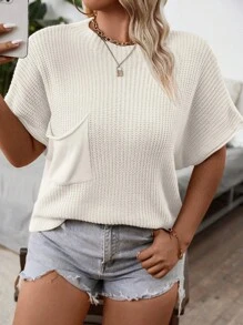 Franclia Plus Size Casual Loose Batwing Sleeve Pocketed Knit Top - White - View 6