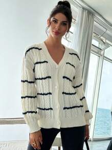 SHEIN Privé 女士休闲拼色条纹开衫，秋冬 - 白色 - 查看 6