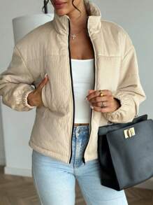 SHEIN Privé Women's Khaki Turtleneck Long Sleeve Outerwear