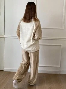 DAZY Flannel Thick Colorblock Raglan Sleeve Top & Pants Loose Fluffy Pajamas Set, Thermal Lined, Cozy Outfits Fall,Winter Clothes - Khaki - View 2