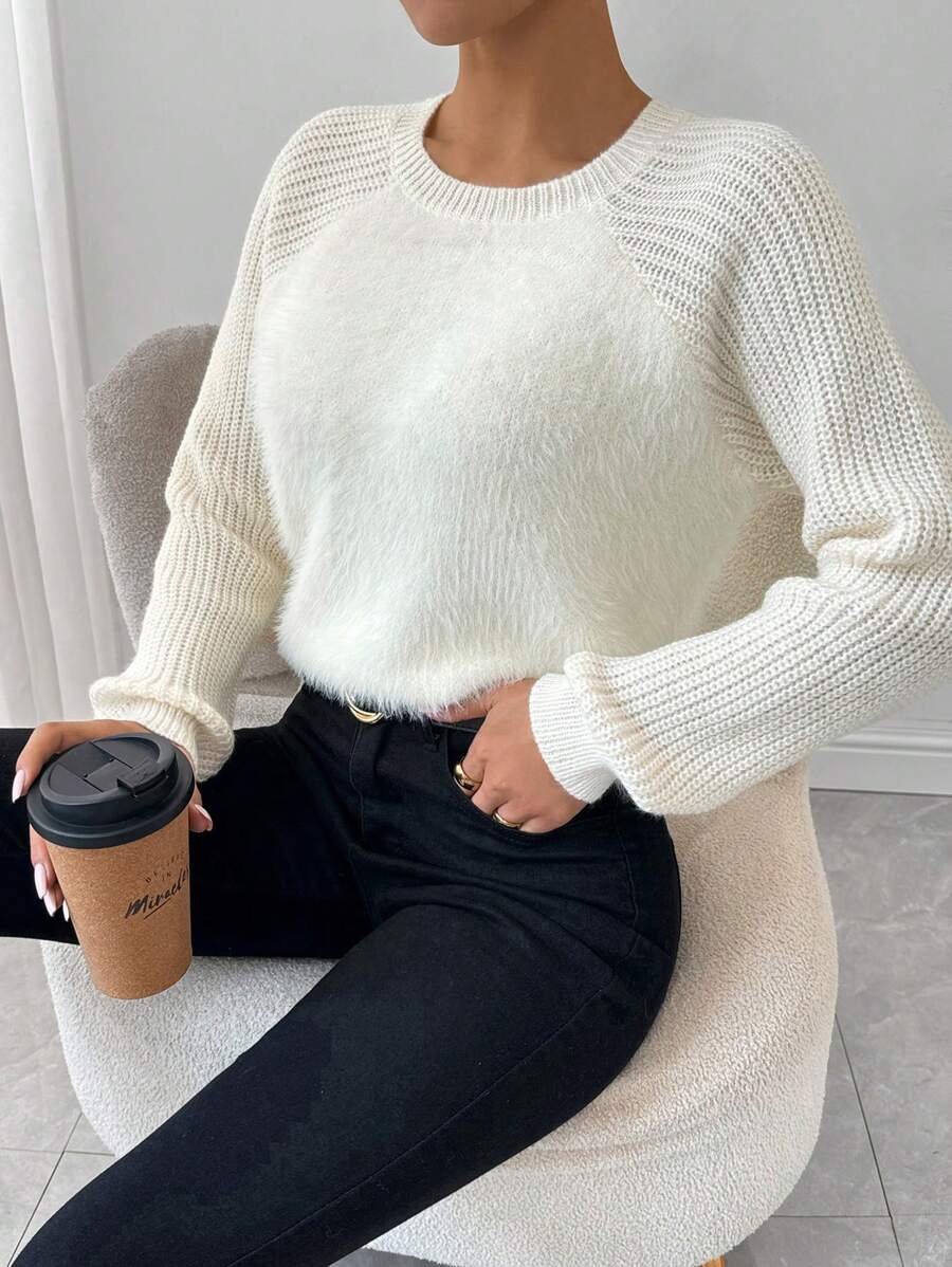 Chiquease 女士休闲圆领插肩袖纯色套头毛衣，秋冬季针织套头衫 - 杏色 - 查看 1