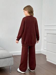 Tween Girl Loose Cardigan, Tight Tank Top & Leggings 3 Piece Knit Set - Coffee Brown - View 2