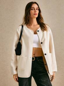 Poéselle Women's Solid Color Front Button Long Sleeve Basic Overcoat, Casual Daily Wear