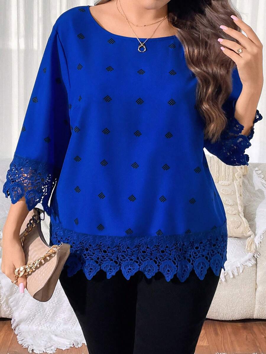EMERY ROSE Plus Size Round Neck Mid-Sleeve Hollow Patchwork Simple Casual Blouse - Blue - View 1